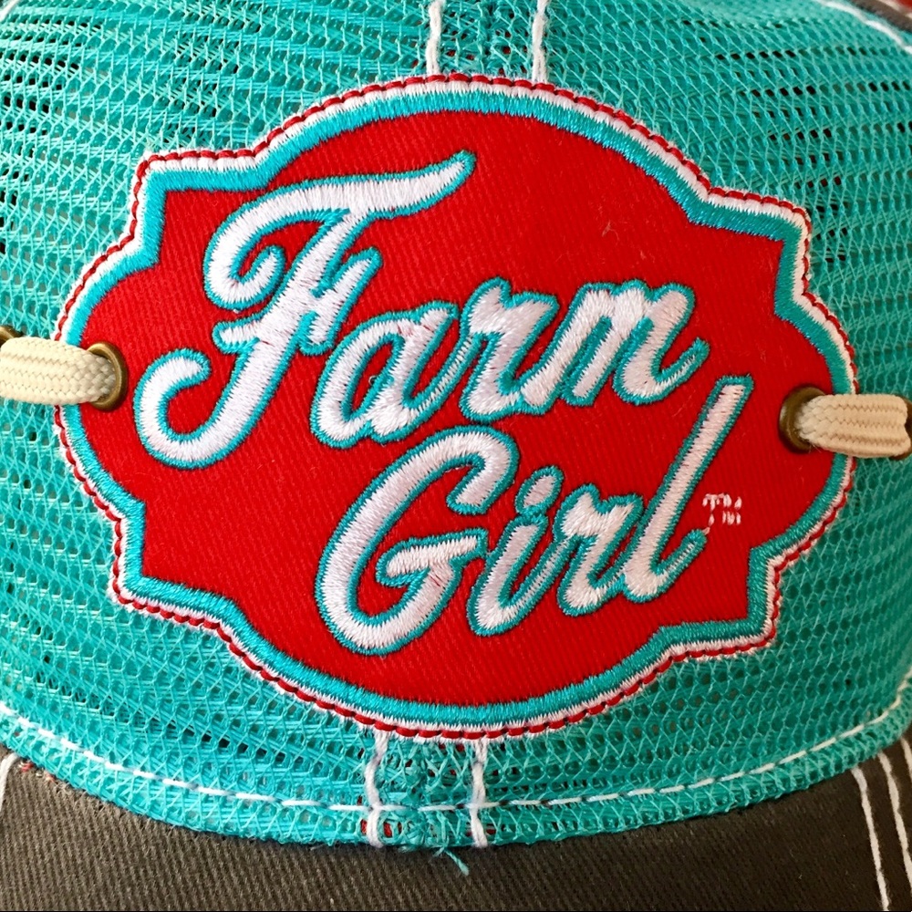 Women’s Farm Girl Cap in Turquoise, Gray & Red - Picture 2 of 3